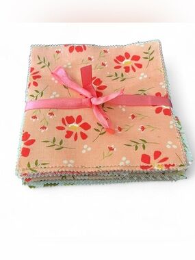 Peach Floral 100% Cotton Fabric Charm Pack of 50 Pre-cuts Size 5X5 Inch Squares